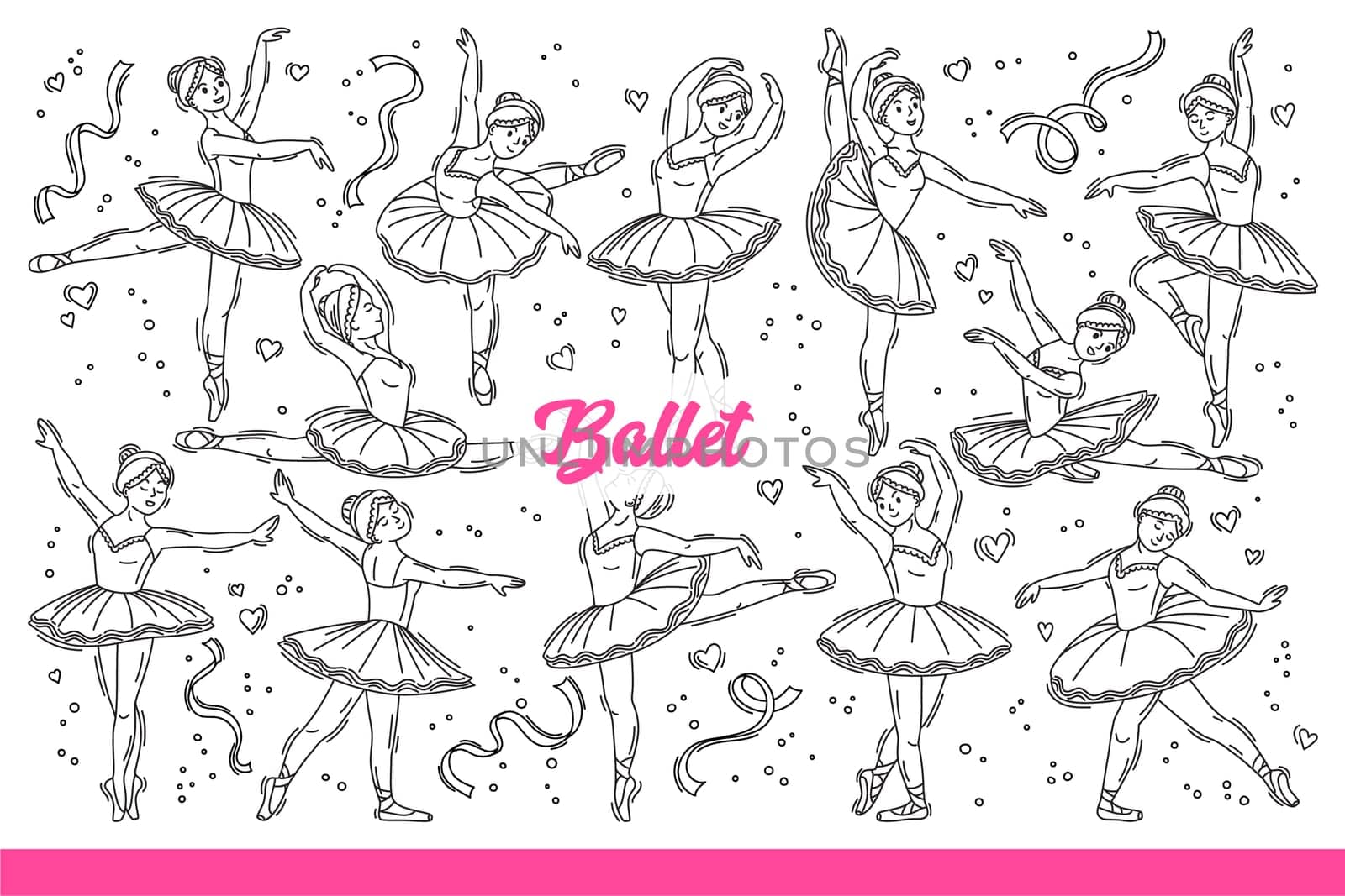 Woman ballet dancer or ballerina performs graceful dance for theater audience, dressed in dress and tutu. Girl ballet artist trains flexibility to perform at choreographic concerts. Hand drawn doodle