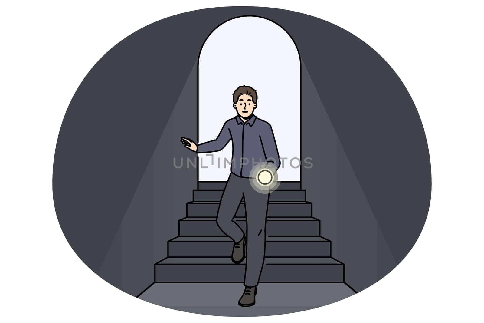 Scared man with flashlight walking in dark tunnel. Frustrated male with light in hands enter black room. Darkness and fear. Vector illustration.