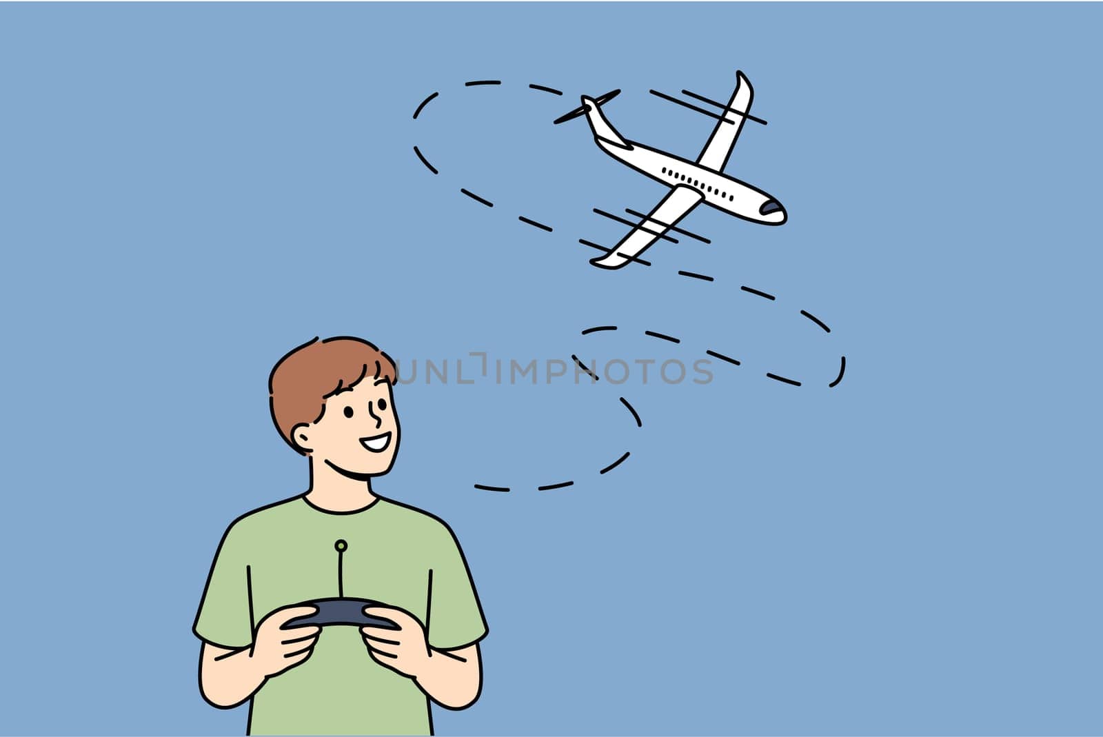 Little boy uses radio-controlled airplane and smiles, rejoicing at appearance of new toy. Happy boy with remote control for playing with aircraft, dreams of becoming pilot when grows up