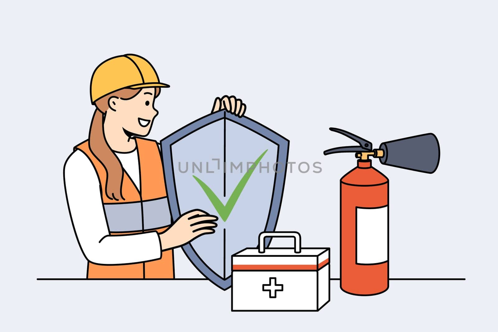Woman safety specialist, stands near table with first aid kit and fire extinguisher and holds shield in hands. Girl safety inspector calls for caution, working to preserve life and health.