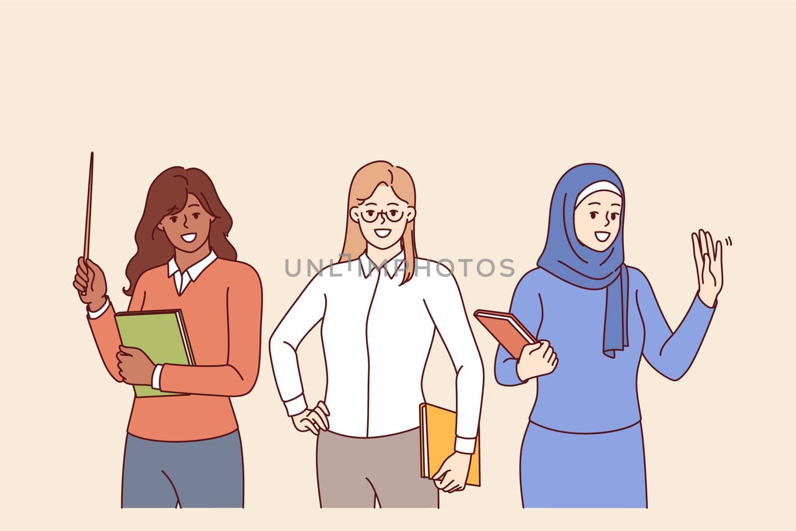 Woman teachers from different cultures smile calling to become student at international university or college. Multiracial teachers with classroom magazines or pointer in hands looking at screen