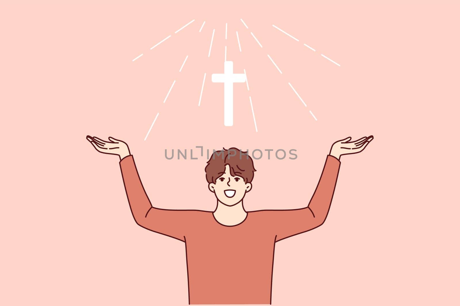 Man with christian cross above head rejoices at light coming from heaven and calls to visit church for prayers. Christian guy believes in miracle obtained by attending religious masses.