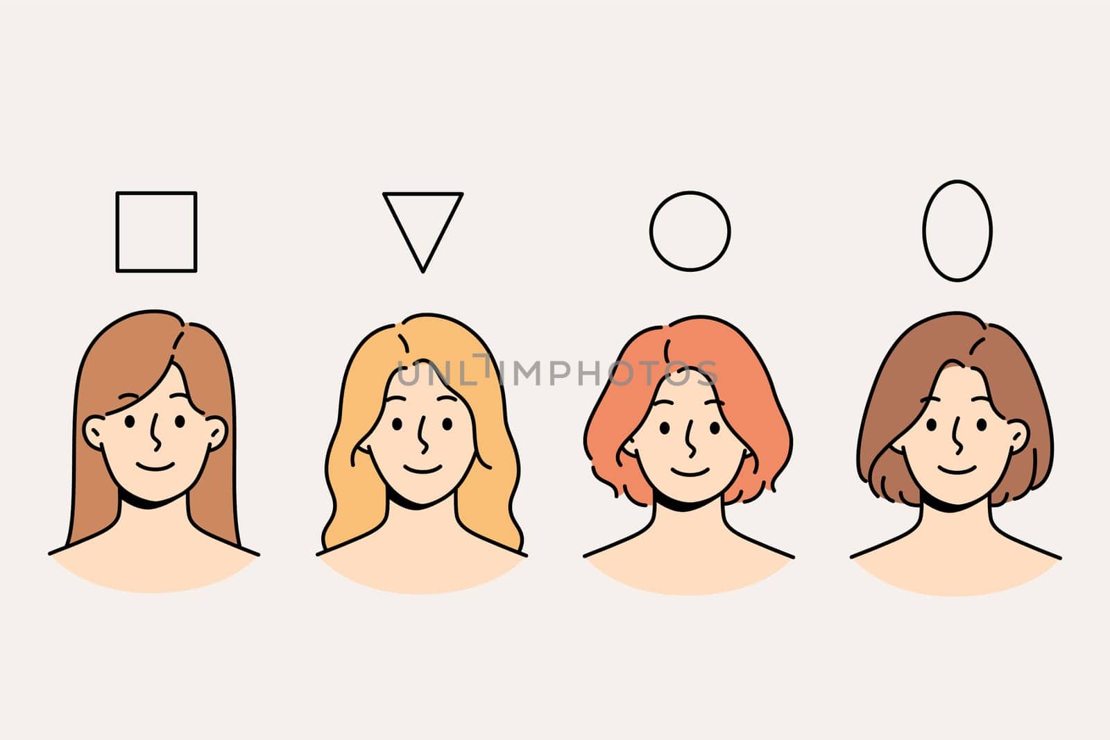 Women with various face shapes smile standing near shapes of triangle and square and circle with oval. Variants of structure of face and head of girls who need different cosmetology techniques