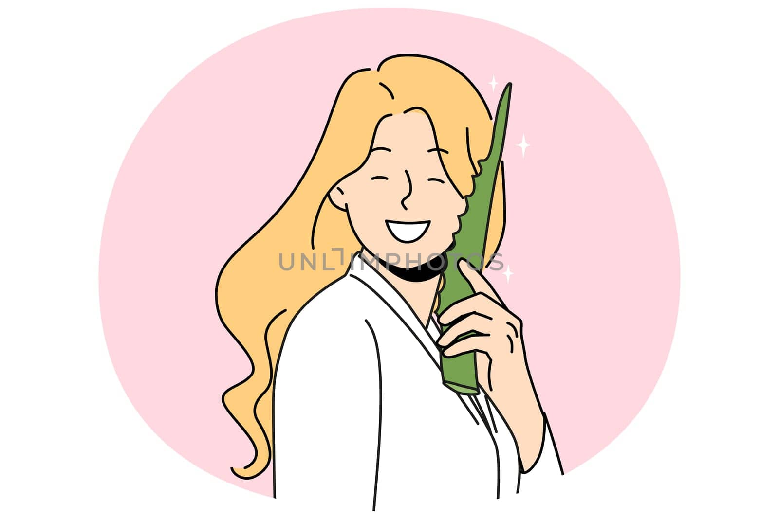 Smiling woman with aloe vera recommend organic natural product for skincare. Happy girl with plant give recommendation for healthy glowing skin. Vector illustration.