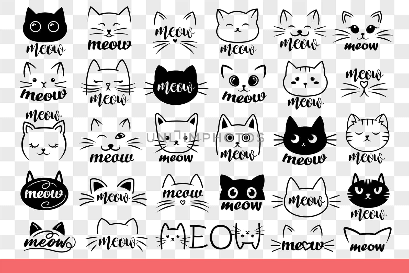 Cats head with meow word and cute emotions for logo of zoo store with pet products. Cats and kittens of different breeds for design of magazine about pet care and veterinary advice. Hand drawn doodle