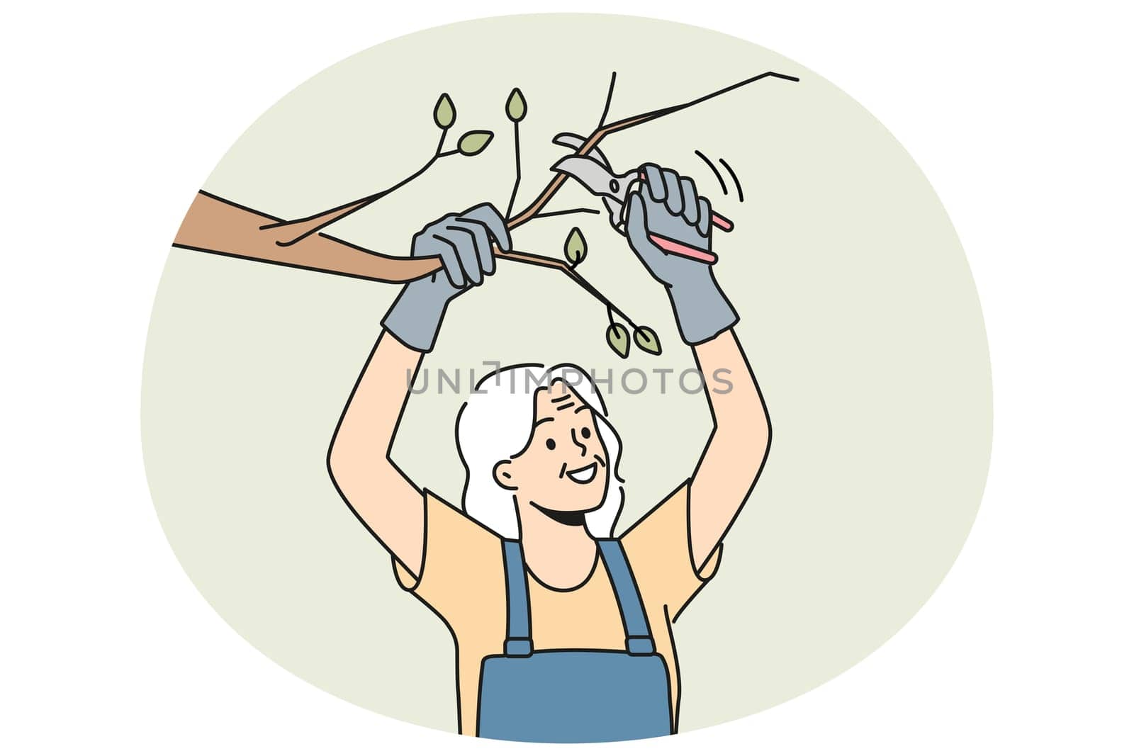 Old woman in uniform cutting branches on tree in garden. Smiling mature pensioner gardening take care of trees. Horticulture and elderly hobby. Vector illustration.