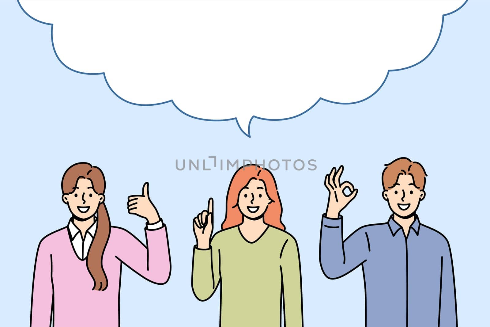 Business people make joint statement after discussion, standing under large dialogue cloud. Copy space inside dialogue bubble and office employees showing affirmative and recommendatory gestures