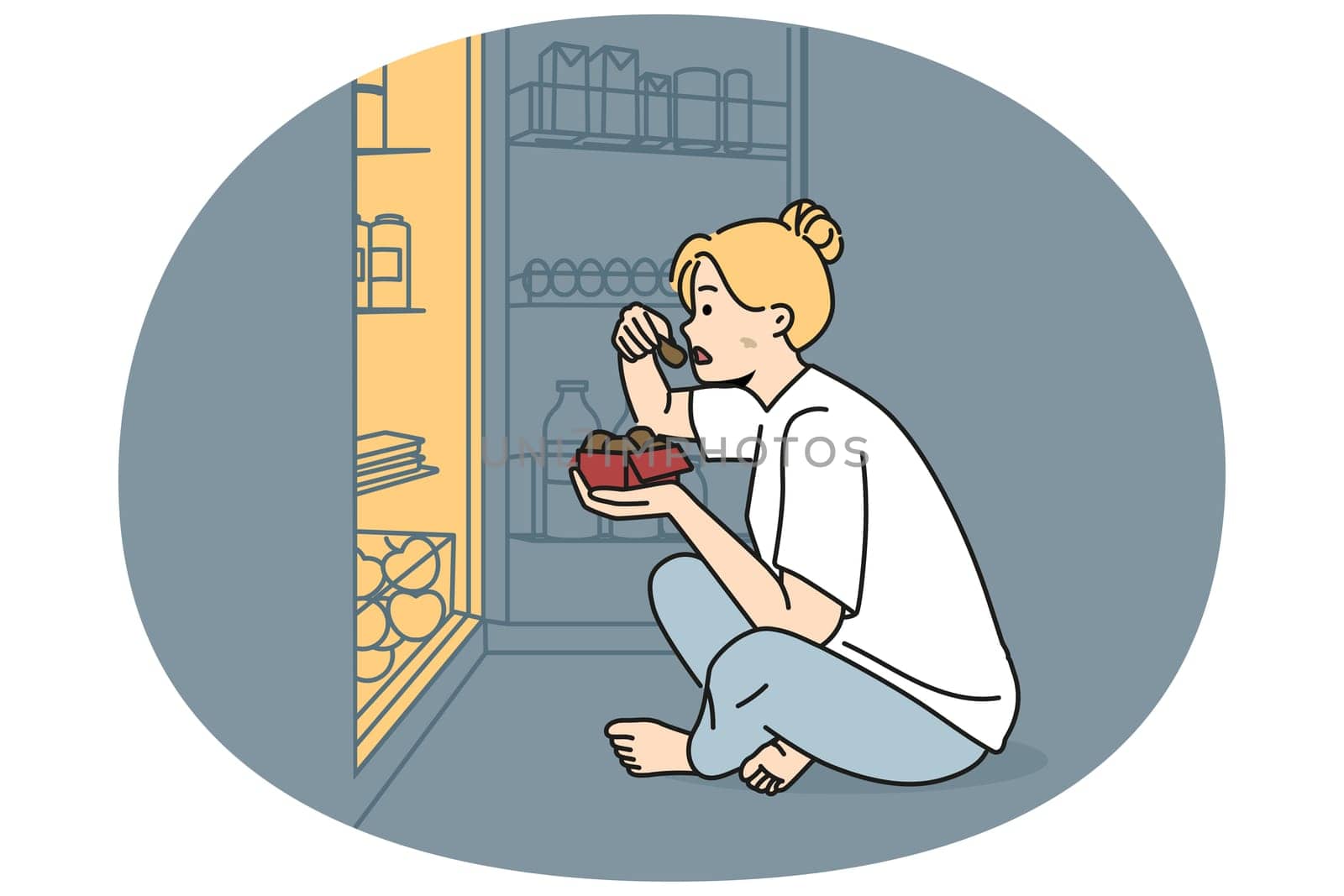 Woman sit on floor near fridge eating at night. Hungry girl near refrigerator suffer from eating disorder. Diet and nutrition problem. Vector illustration.