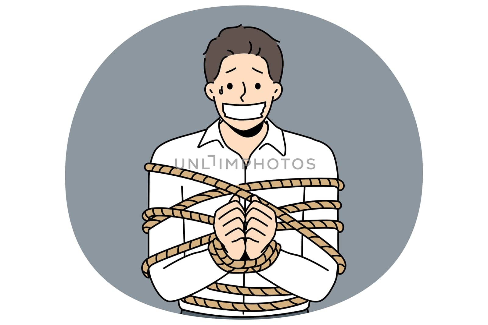 Businessman tied in ropes with sealed mouth. Scared male employee as hostage or victim of kidnapping. Vector illustration.
