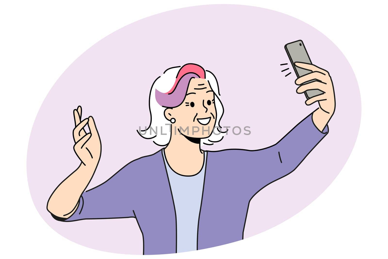 Happy elderly woman with colorful hair make selfie on smartphone. Smiling old grandmother feel cool and positive take self-portrait picture on cell. Vector illustration.