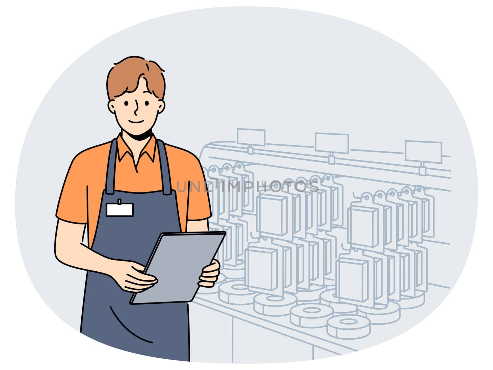 Male employee in uniform working in building hypermarket. Smiling man consultant standing near shelf in supermarket. Occupation concept. Vector illustration.