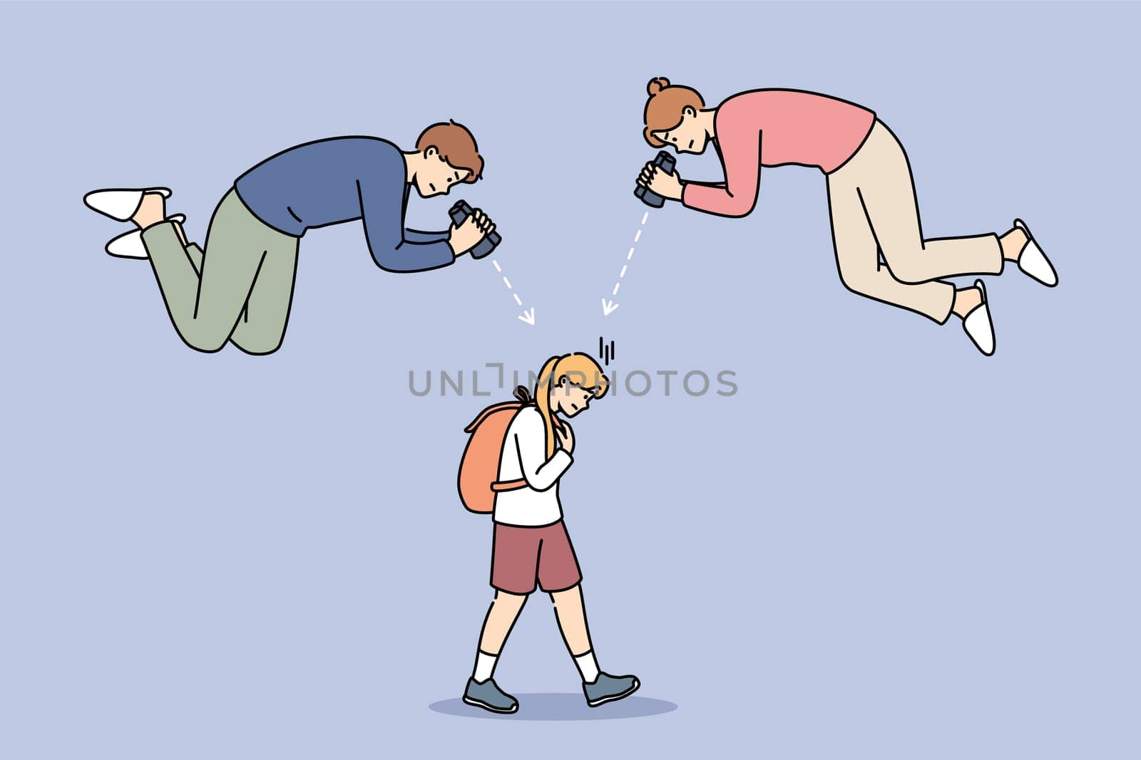 Overprotection of teen girl from annoying parents watching child through binoculars. Schoolgirl walks down street suffering from overprotection of mother and father, who are causing depression.