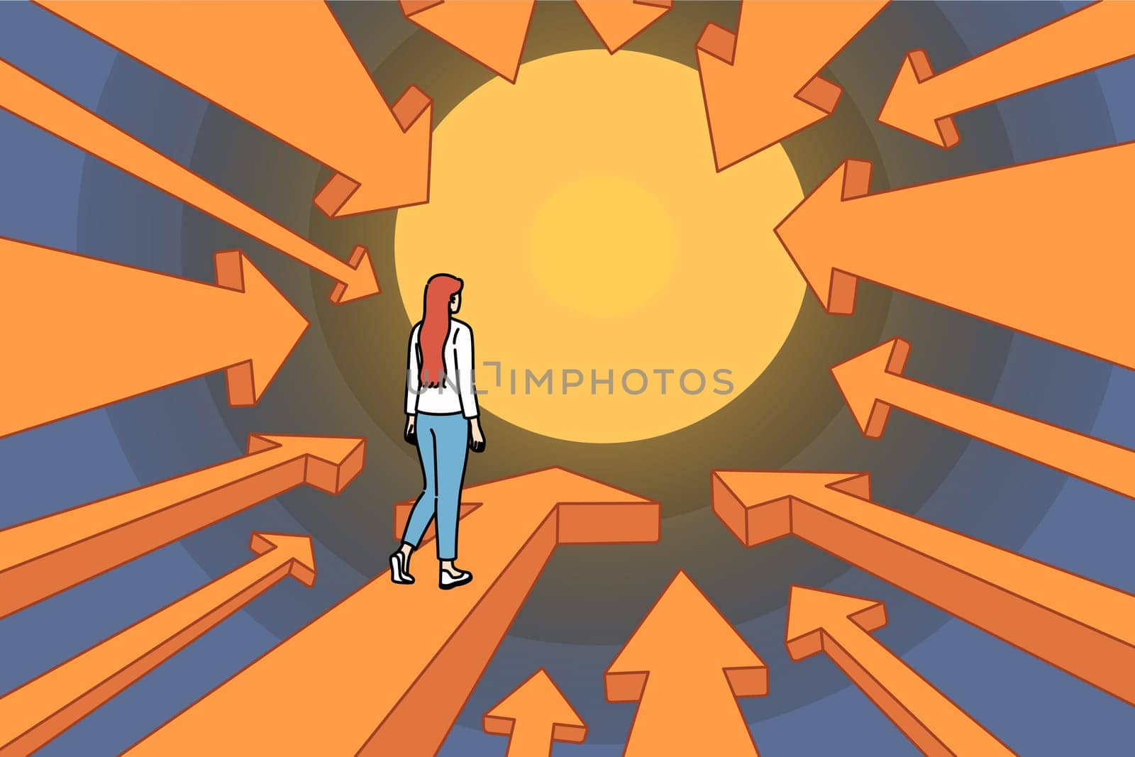 Business woman boldly follows risky path made of arrows pointing to big goal, as metaphor for pursuit of success. Brave girl overcomes tunnel on path to career growth or personal happiness