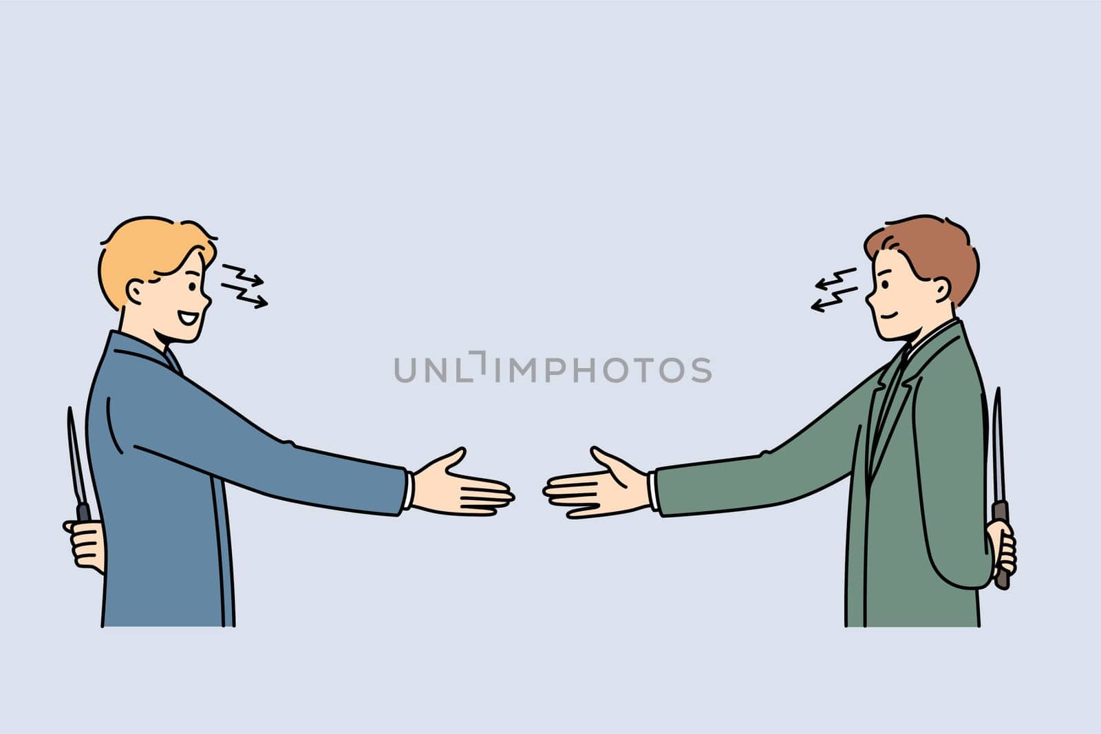 Business partners shake hands and show hypocrisy by holding knives behind backs.