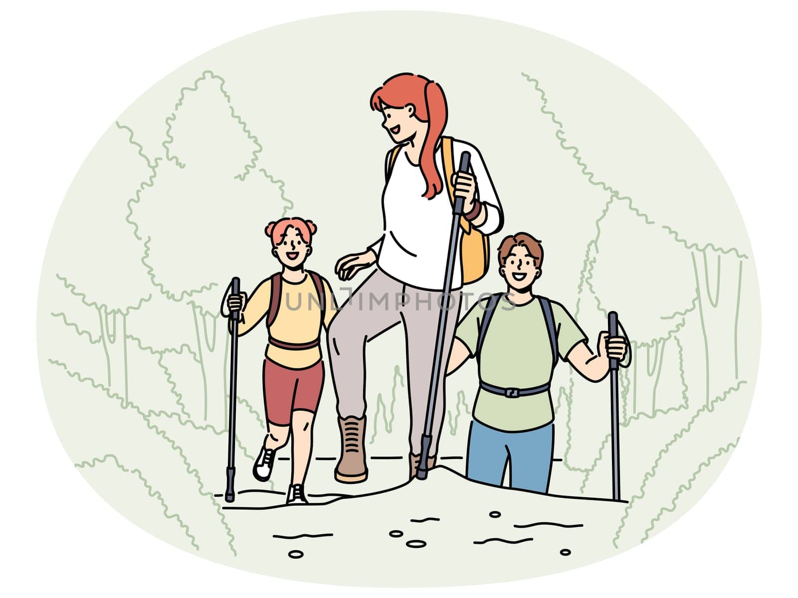 Smiling people with walking canes hiking in mountains in summer. Happy hikers climbing on hills enjoy active recreation in forest. Vector illustration.