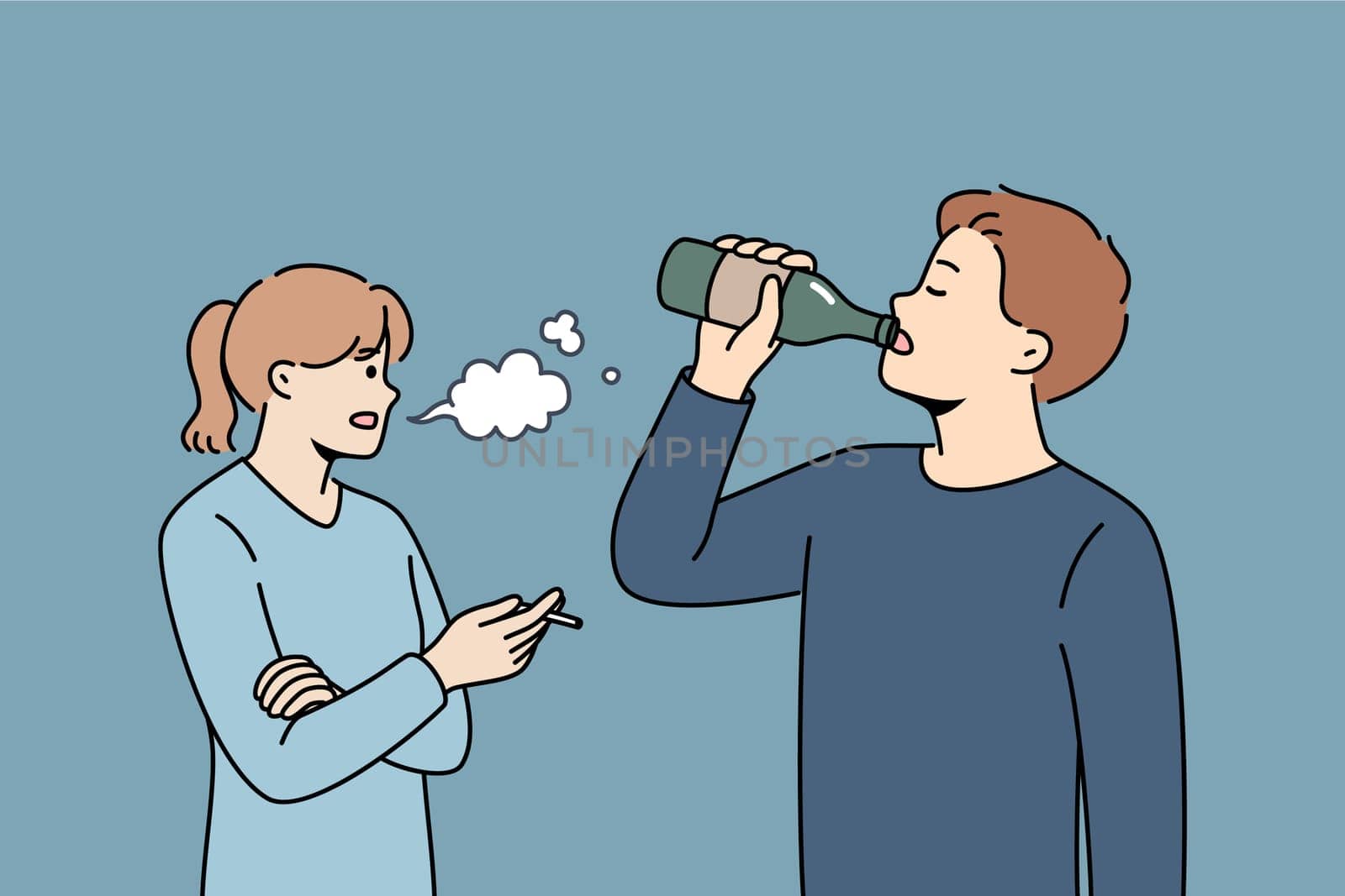 People with harmful addiction destroy health due to inability to give up drinking beer and alcohol. Man and woman experience addiction and see antisocial lifestyle using liquor and tobacco