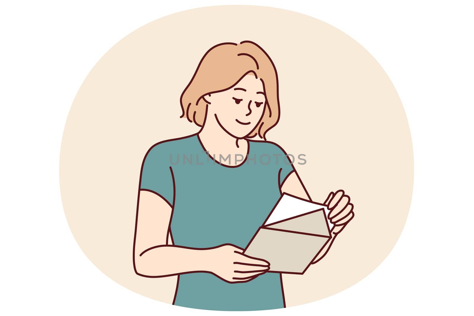 Woman with envelope in hands reads letter received in mail with invitation to entertainment event or conference. Girl with notice from bank in postal envelope demanding payment of interest on loan