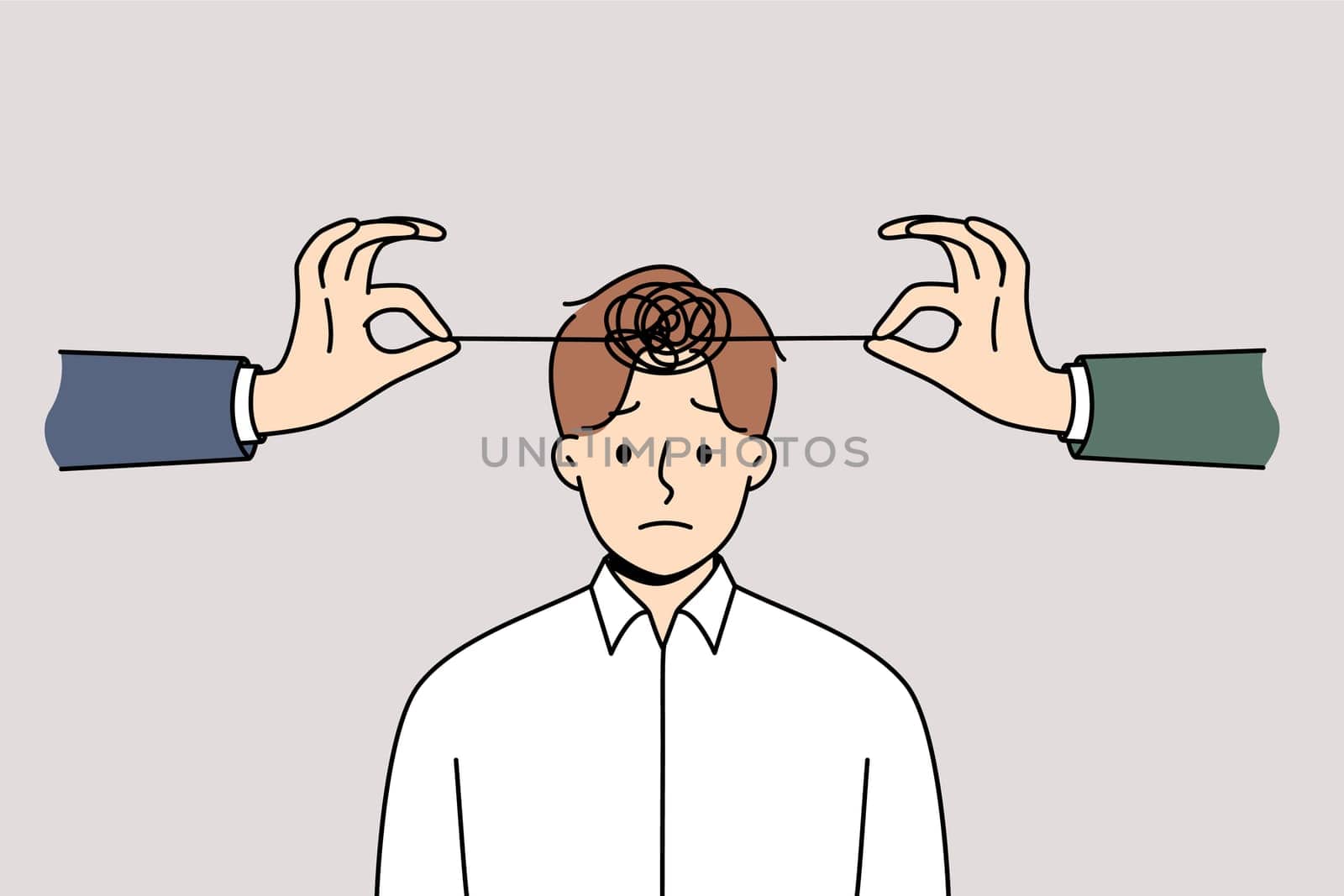 Problems with psychological health in man with tangled threads on head and hands of friends trying to untangle lump. Psychological disorder and insanity in business guy in need of psychotherapist