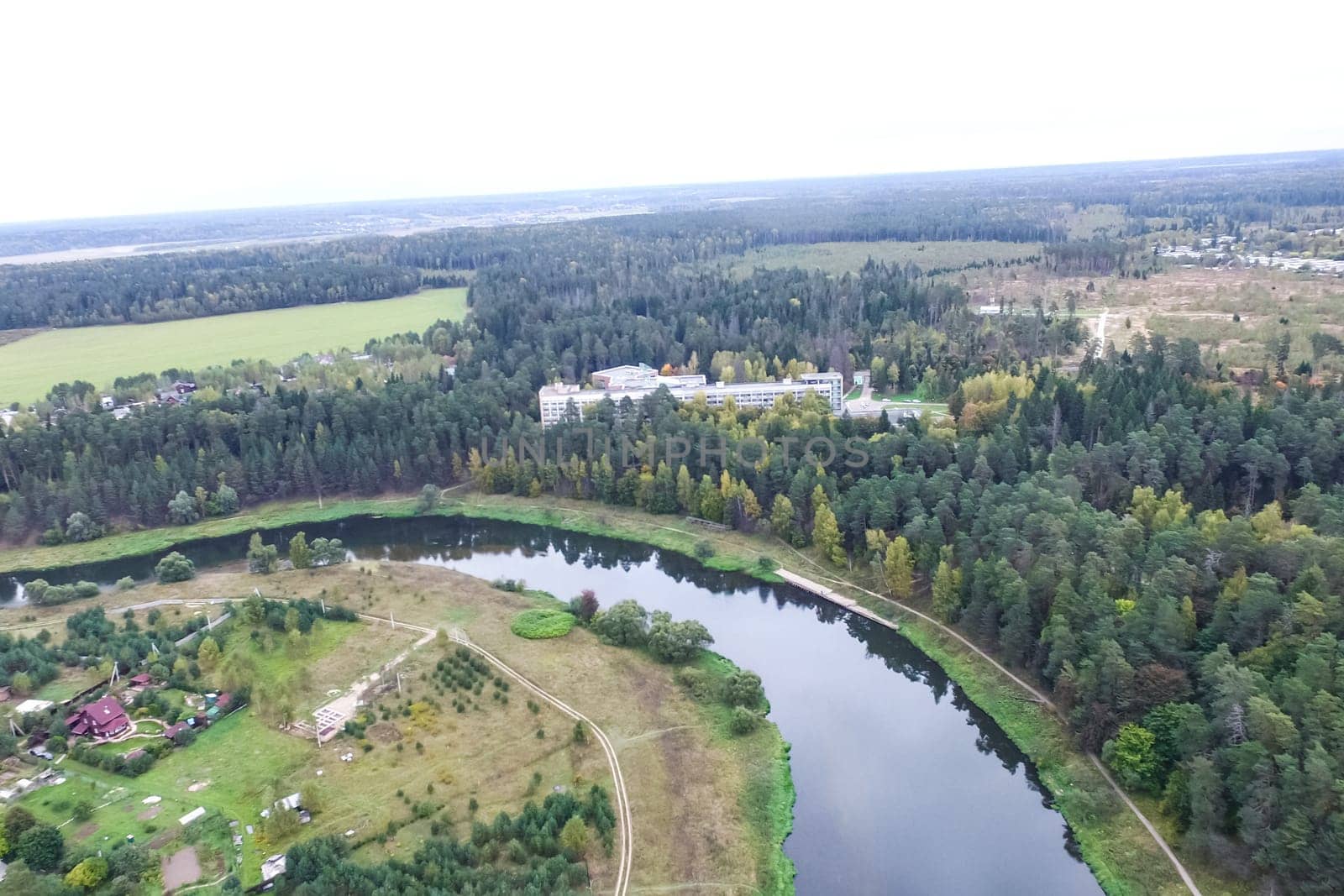 Top view of the village, fields and forests near the village
