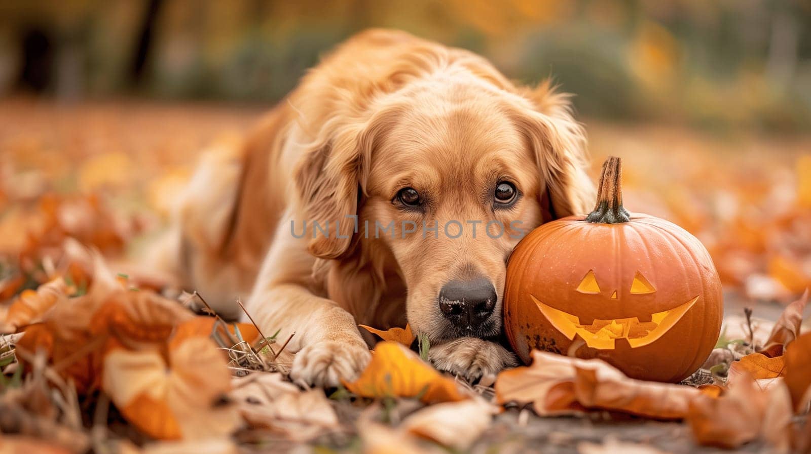 Golden retriever dog with a carved evil scary face pumkin, autumn foliage, Halloween holiday