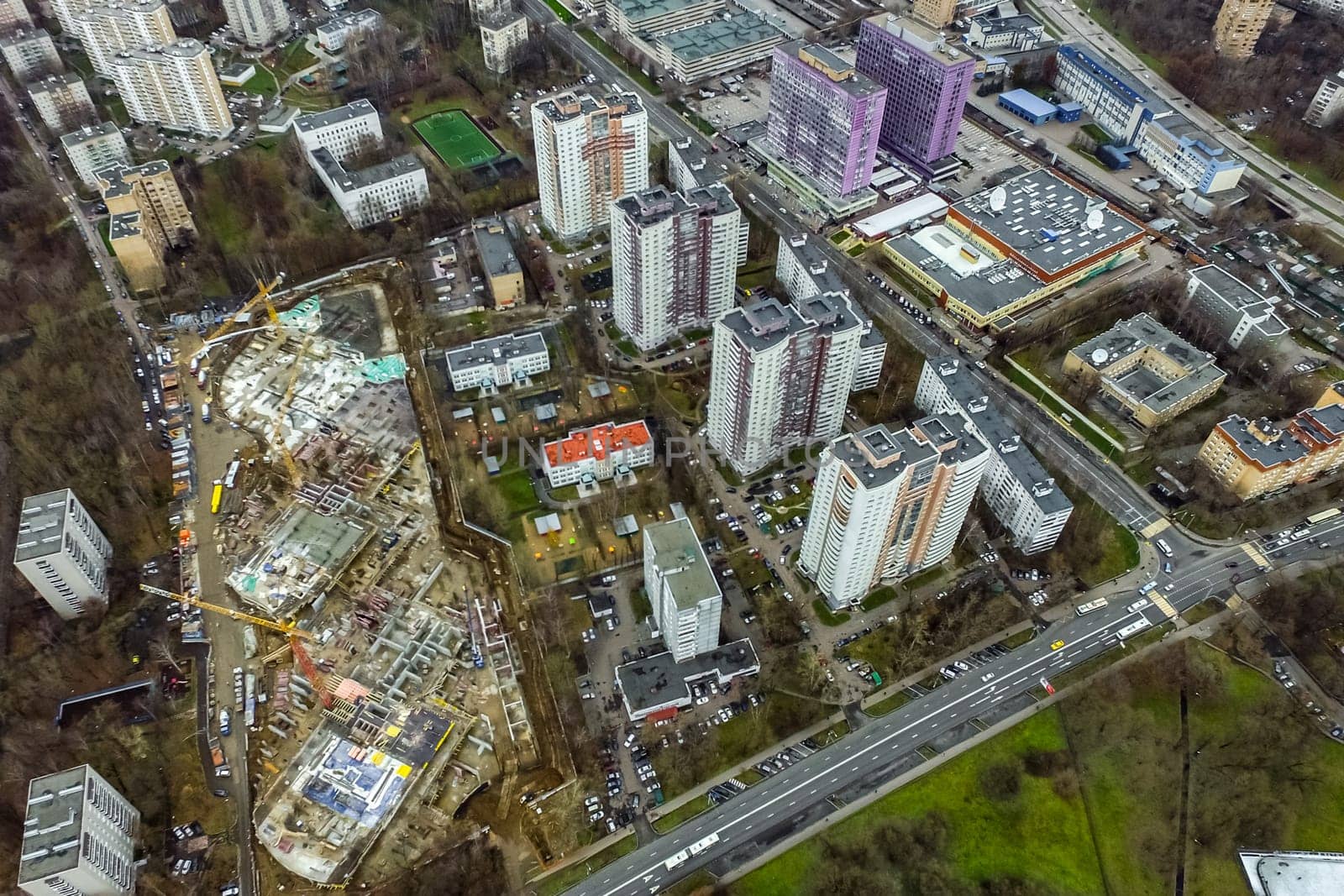 Top view of the city of Moscow, buildings and roads and other infrastructure of the city. Cityscape view from above.