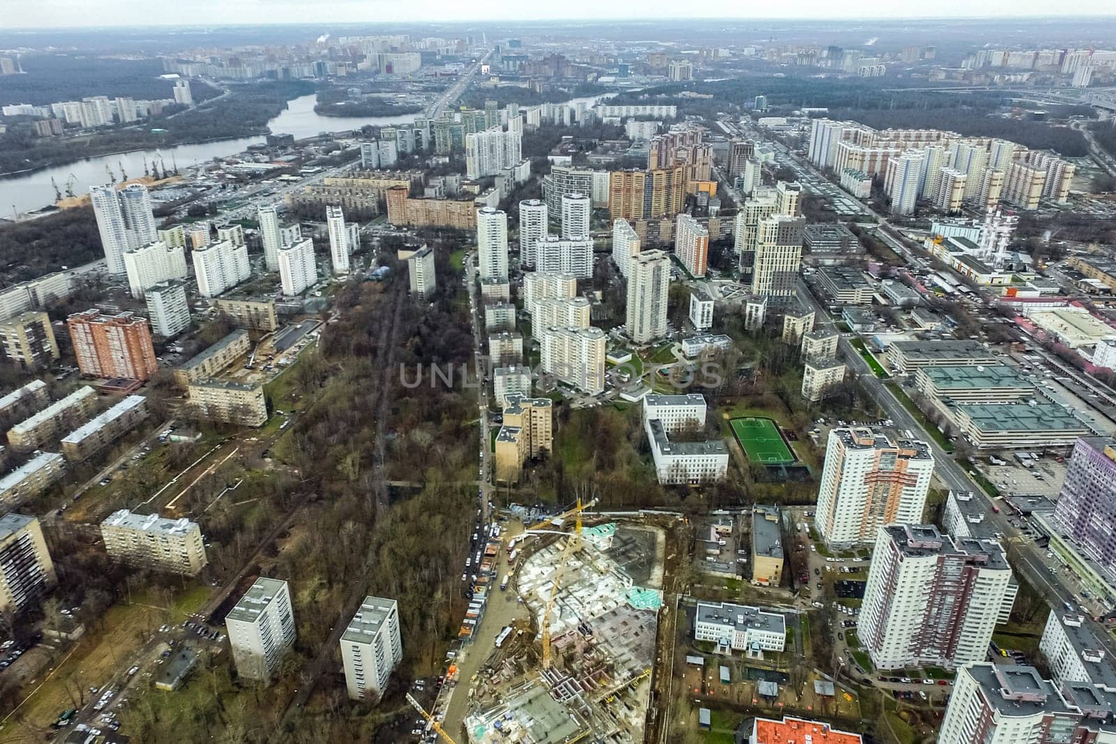 Top view of the city of Moscow, buildings and roads and other infrastructure of the city. Cityscape view from above.