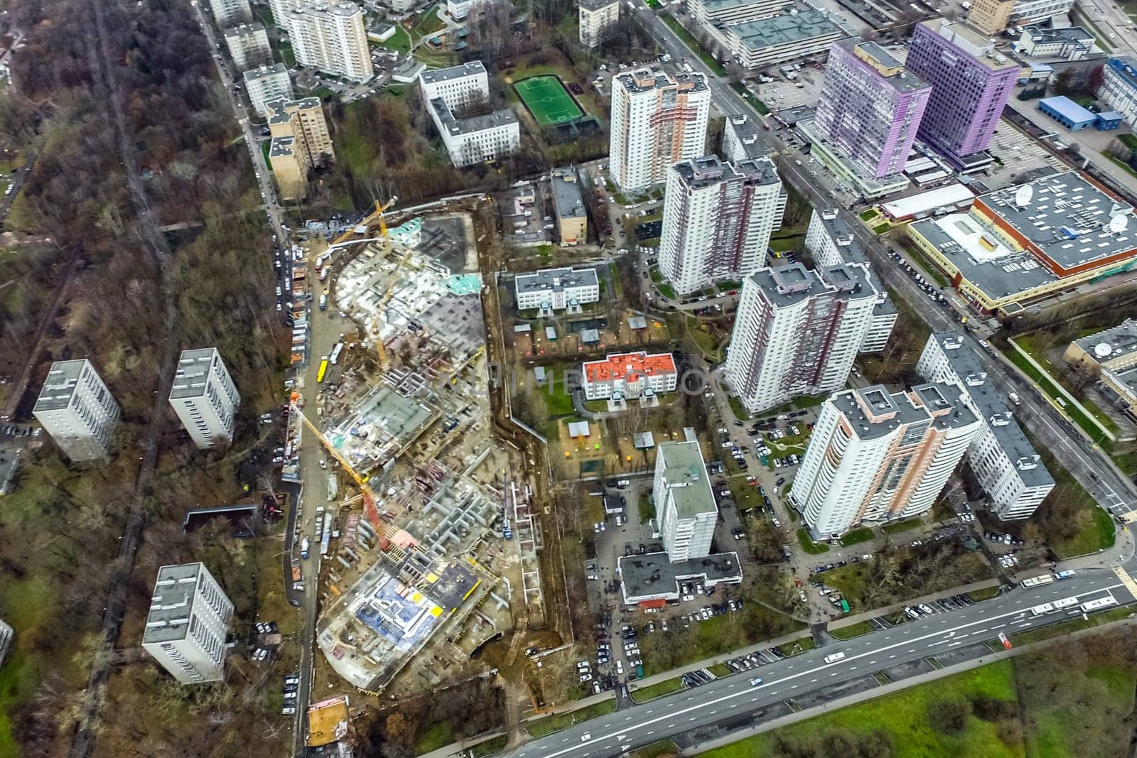 Top view of the city of Moscow, buildings and roads and other infrastructure of the city. Cityscape view from above.