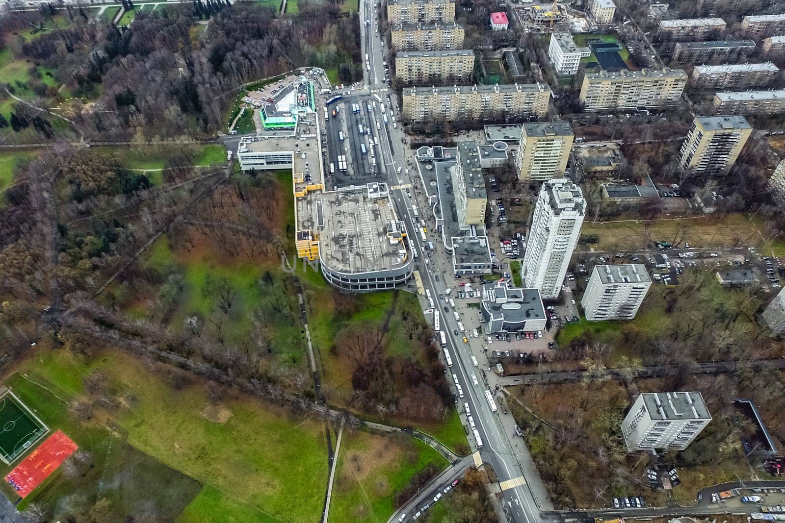 Top view of the city of Moscow, buildings and roads and other infrastructure of the city. Cityscape view from above.