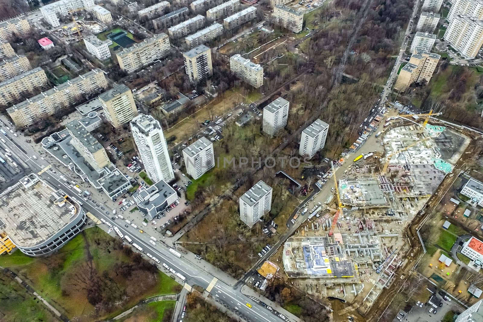 Top view of the city of Moscow, buildings and roads and other infrastructure of the city. Cityscape view from above.
