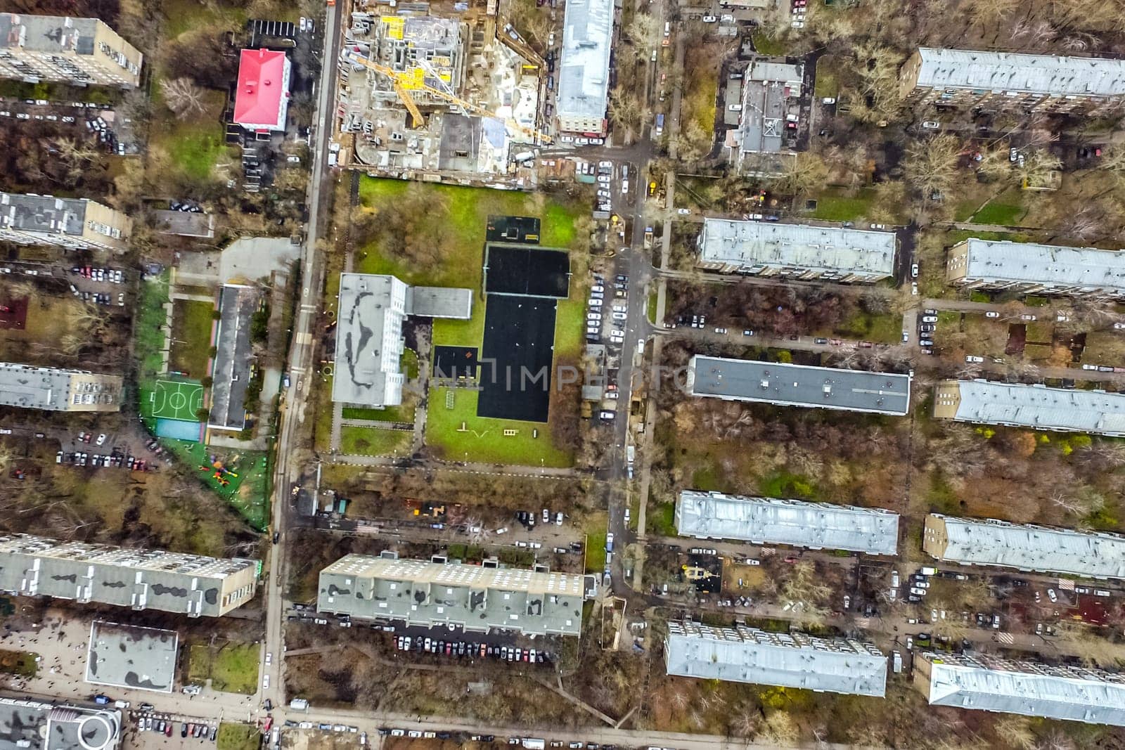 Top view of the city of Moscow, buildings and roads and other infrastructure of the city. Cityscape view from above.