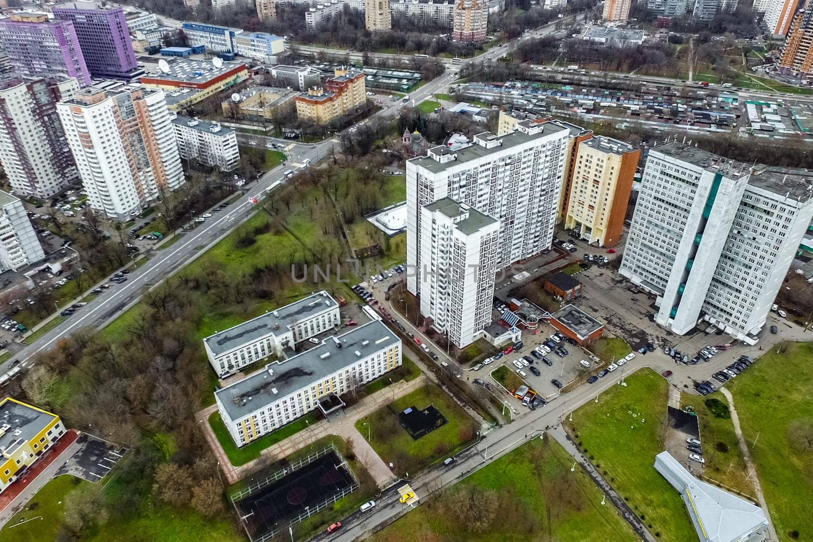 Top view of the city of Moscow, buildings and roads and other infrastructure of the city. Cityscape view from above.
