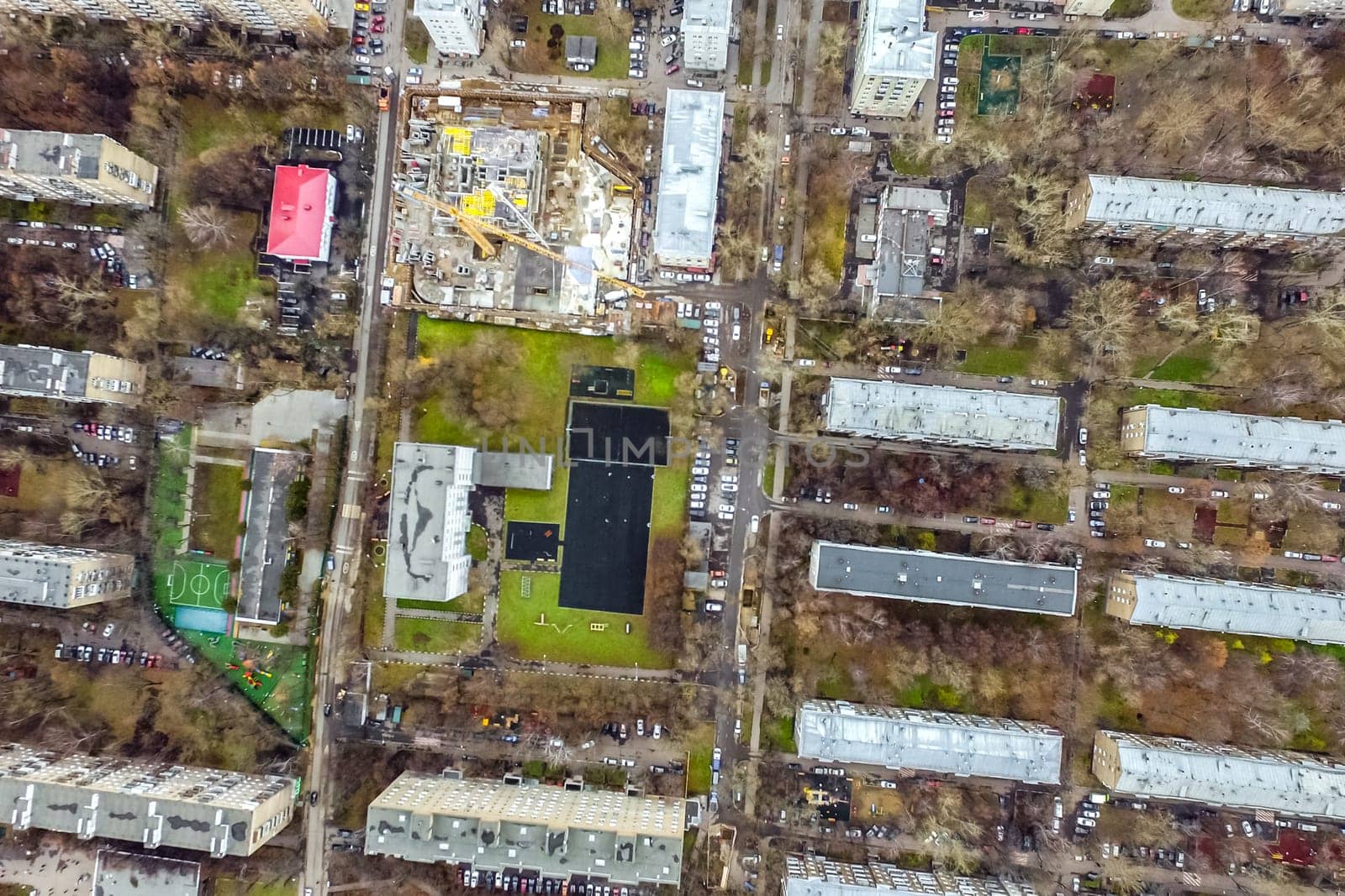 Top view of the city of Moscow, buildings and roads and other infrastructure of the city. Cityscape view from above.