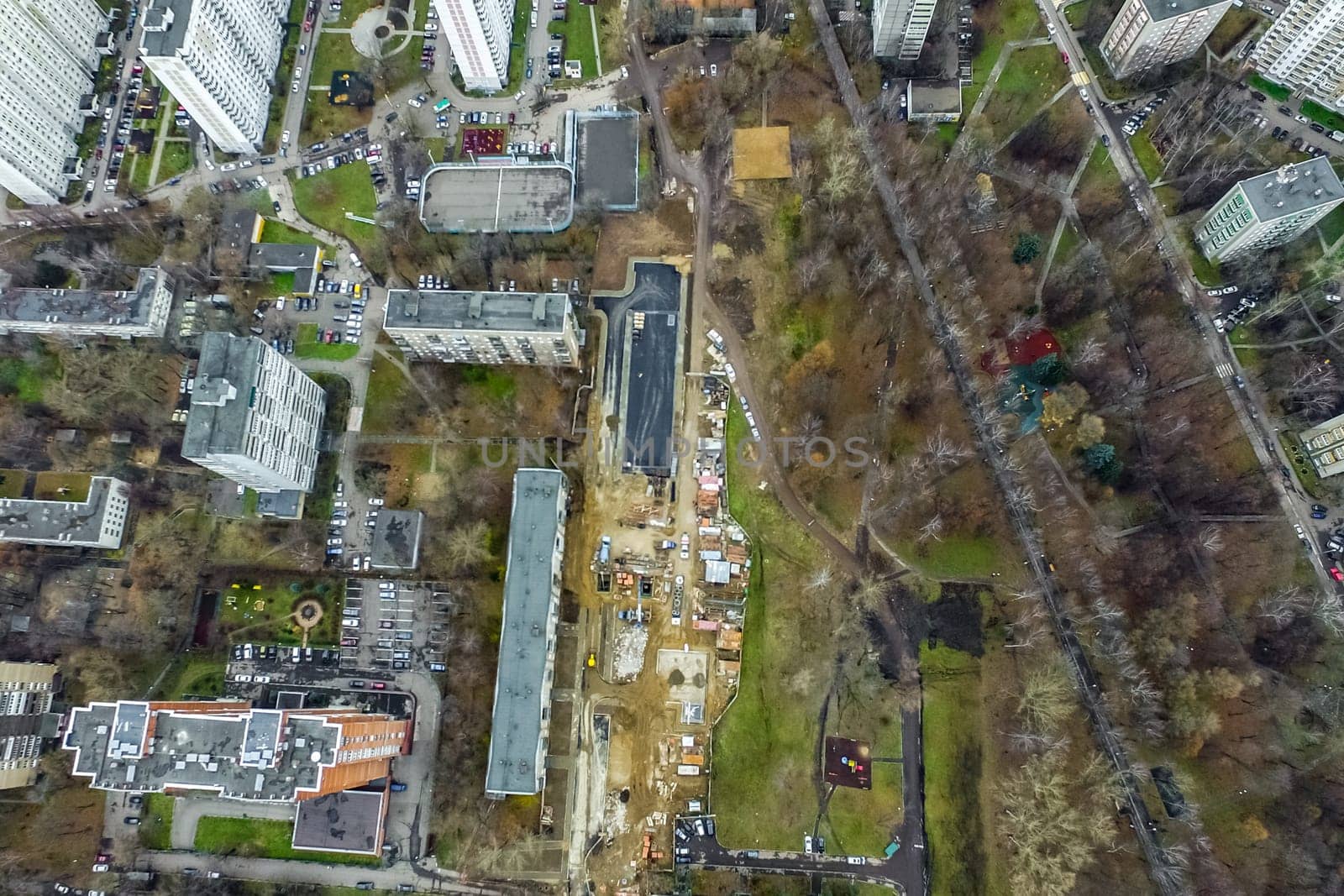Top view of the city of Moscow, buildings and roads and other infrastructure of the city. Cityscape view from above.