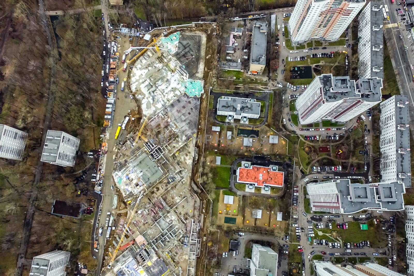 Top view of the city of Moscow, buildings and roads and other infrastructure of the city. Cityscape view from above.