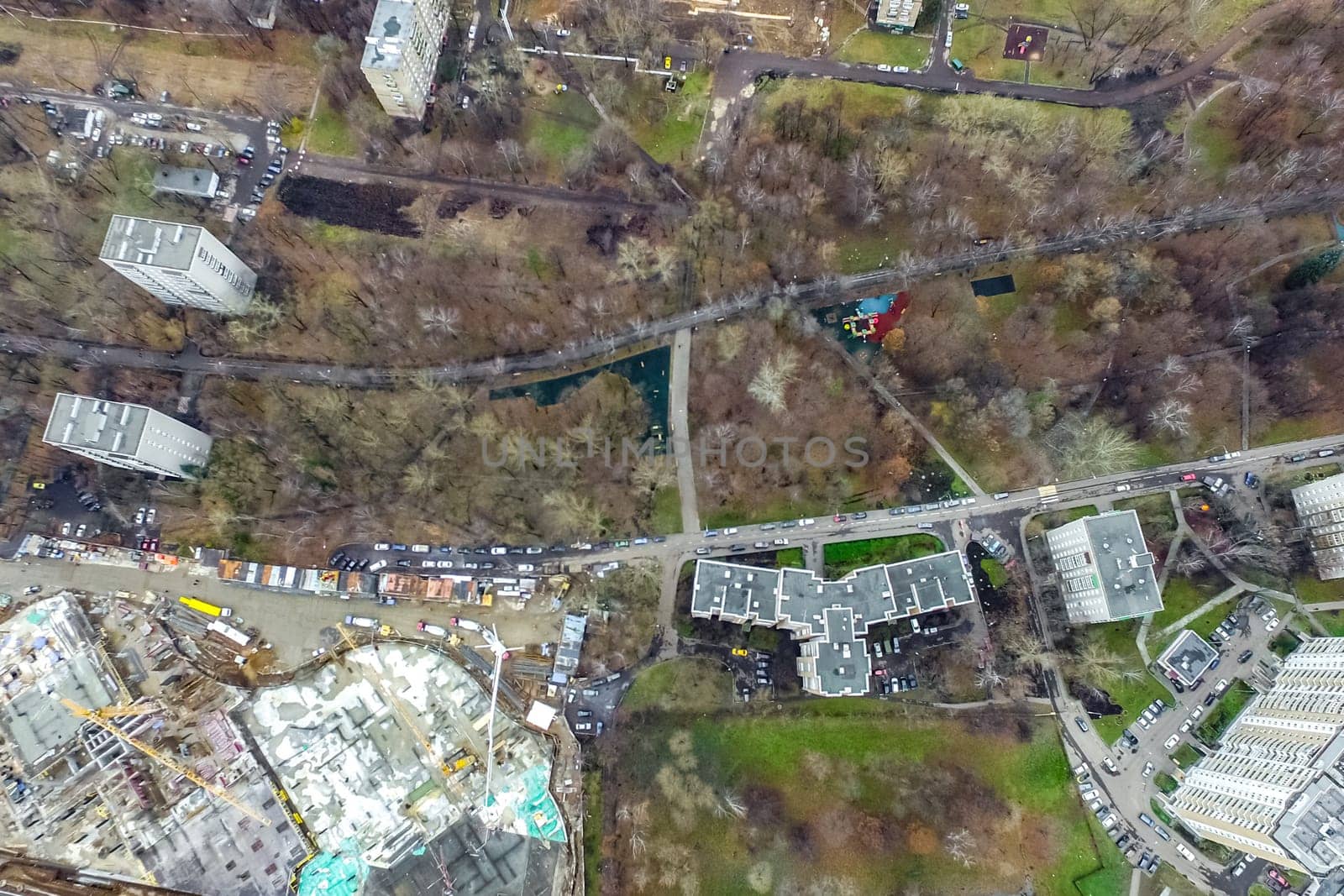 Top view of the city of Moscow, buildings and roads and other infrastructure of the city. Cityscape view from above.
