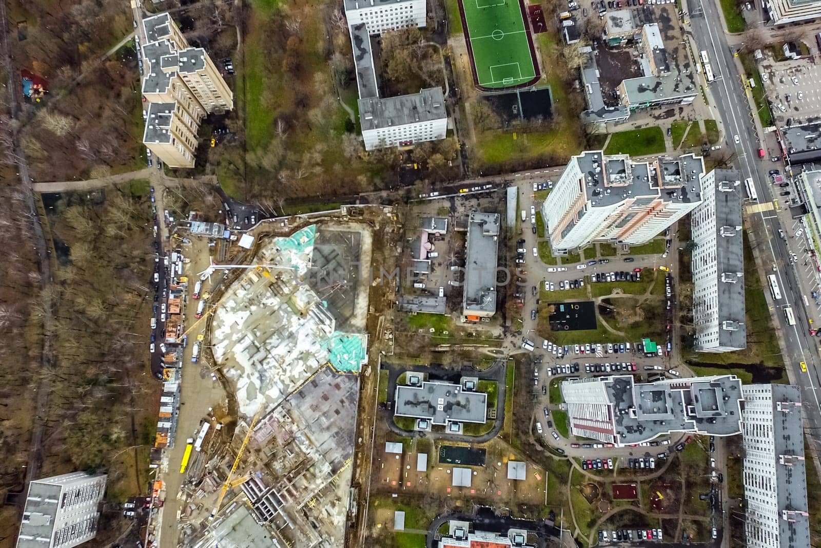 Top view of the city of Moscow, buildings and roads and other infrastructure of the city. Cityscape view from above.