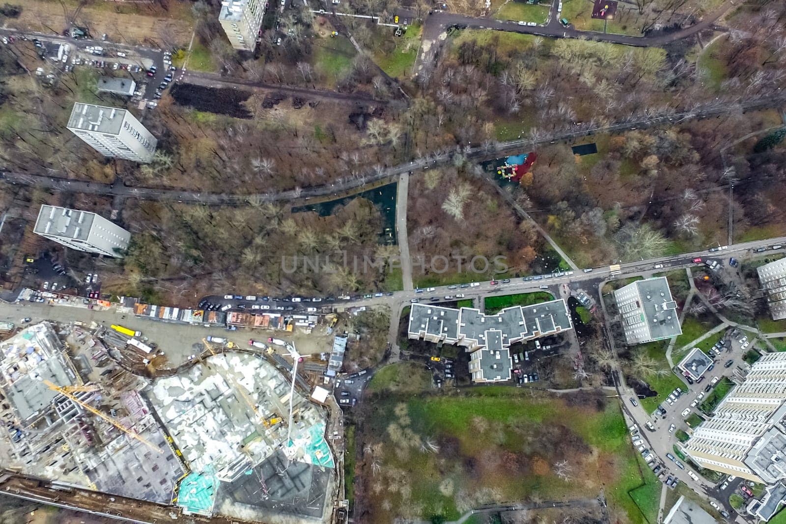 Top view of the city of Moscow, buildings and roads and other infrastructure of the city. Cityscape view from above.