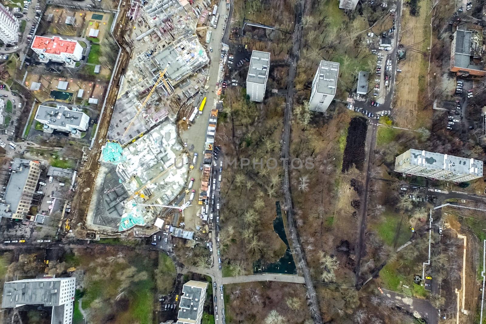 Top view of the city of Moscow, buildings and roads and other infrastructure of the city. Cityscape view from above.