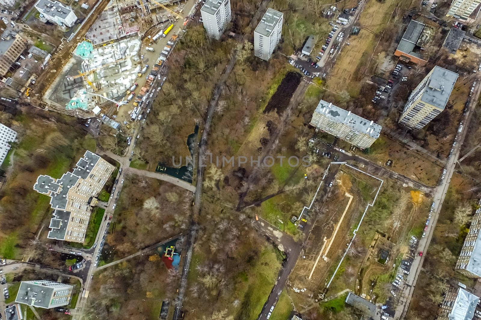 Top view of the city of Moscow, buildings and roads and other infrastructure of the city. Cityscape view from above.