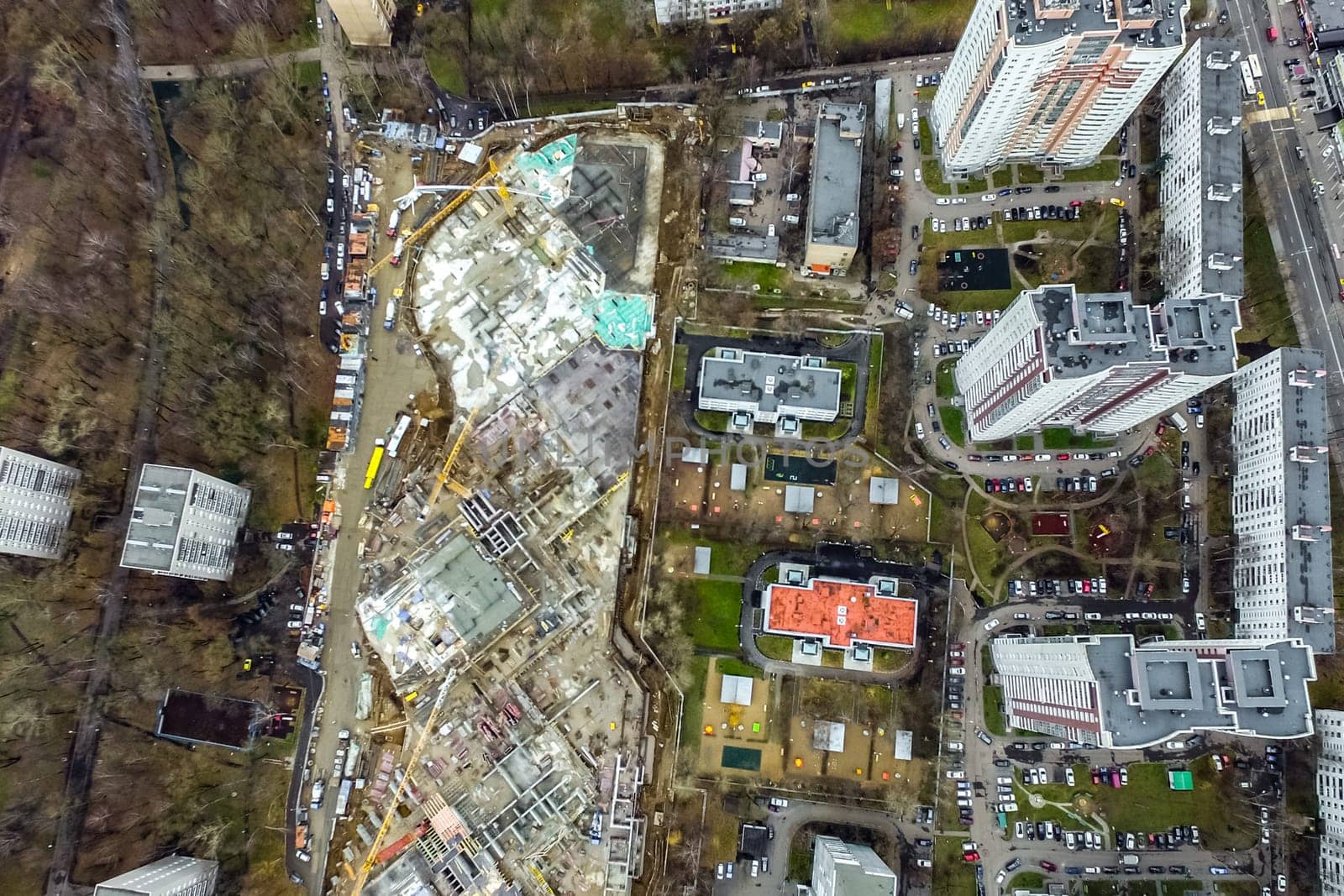 Top view of the city of Moscow, buildings and roads and other infrastructure of the city. Cityscape view from above.