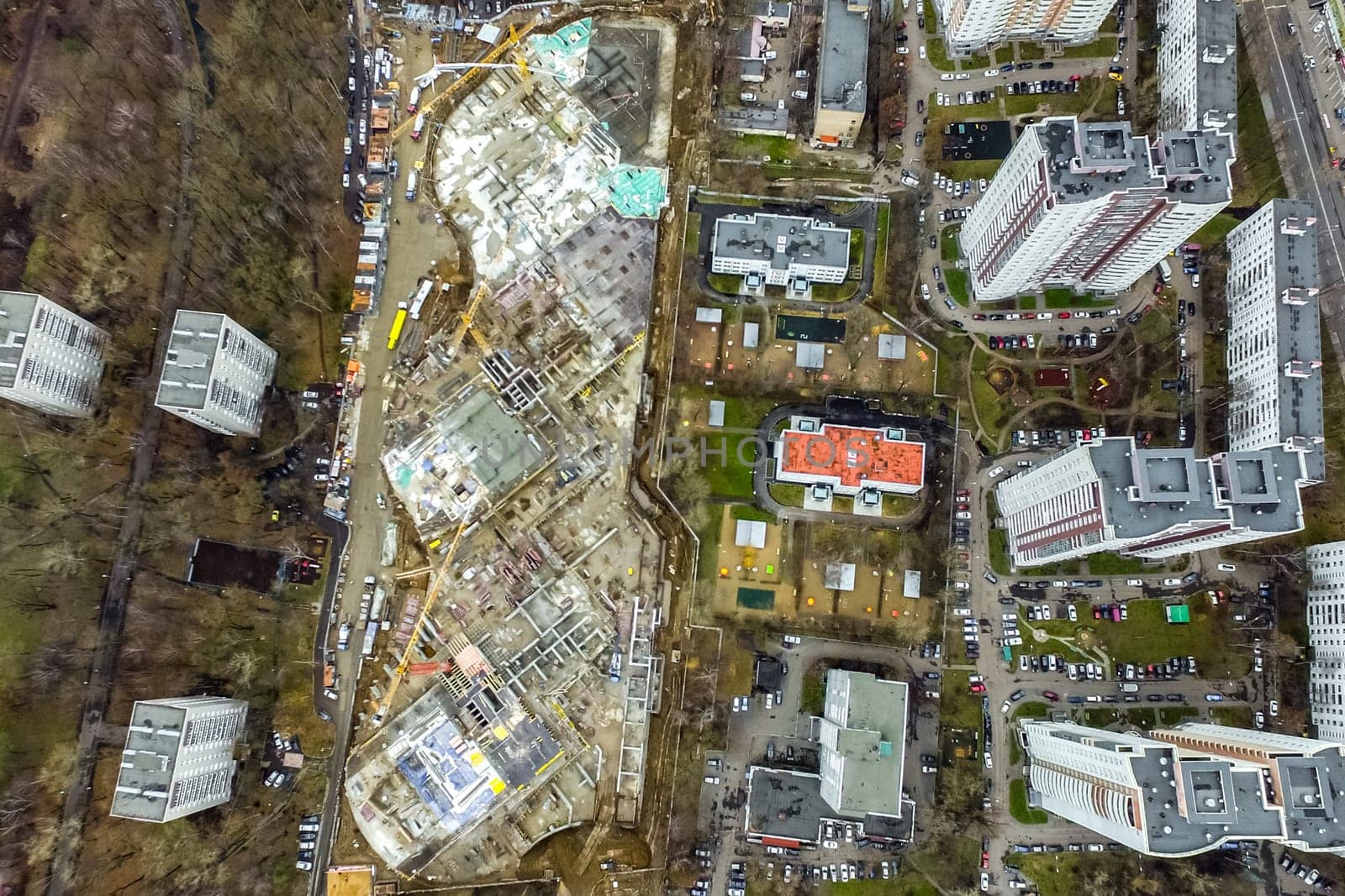Top view of the city of Moscow, buildings and roads and other infrastructure of the city. Cityscape view from above.