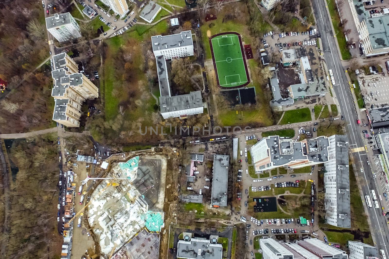 Top view of the city of Moscow, buildings and roads and other infrastructure of the city. Cityscape view from above.