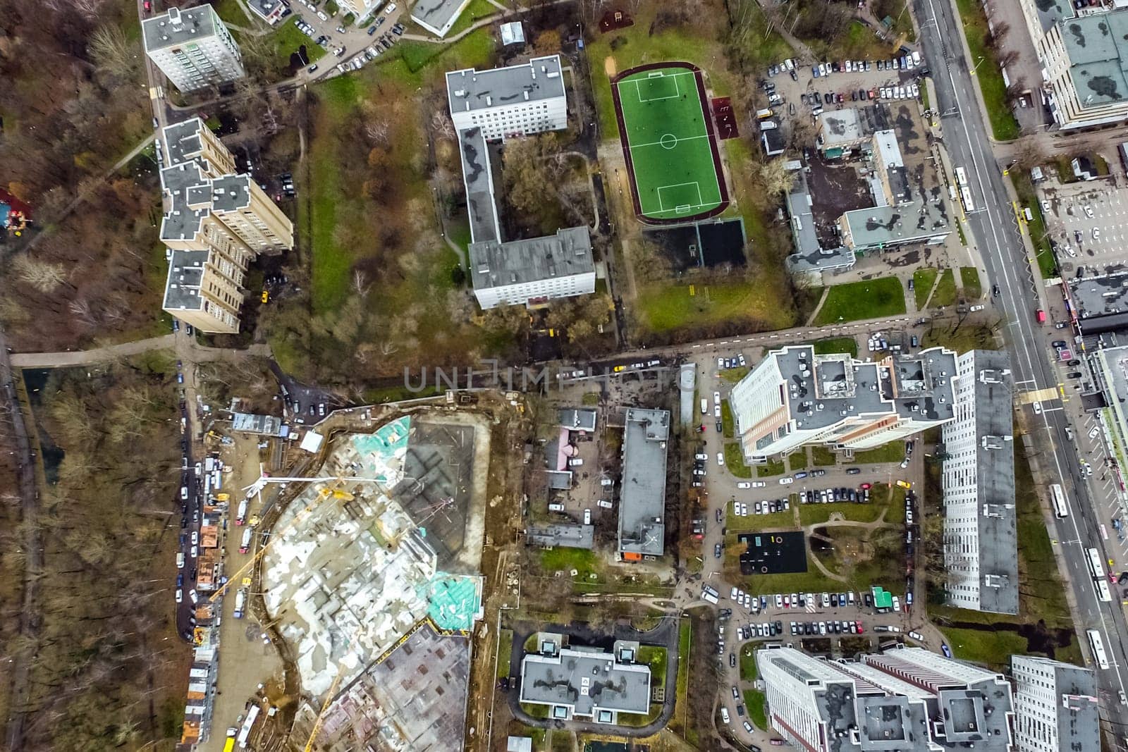 Top view of the city of Moscow, buildings and roads and other infrastructure of the city. Cityscape view from above.