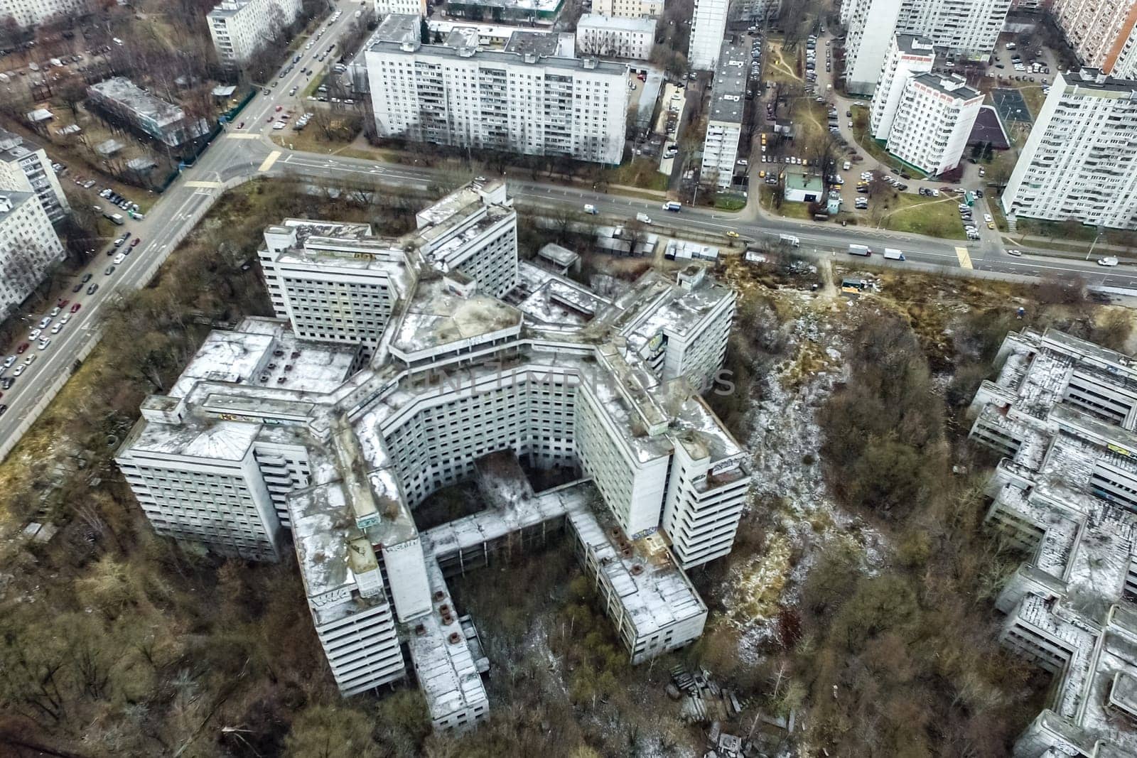 Top view of the city of Moscow, buildings and roads and other infrastructure of the city. Cityscape view from above.