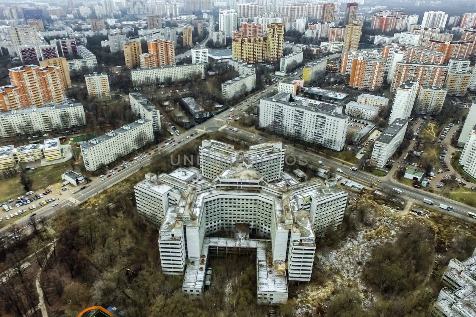Top view of the city of Moscow, buildings and roads and other infrastructure of the city. Cityscape view from above.