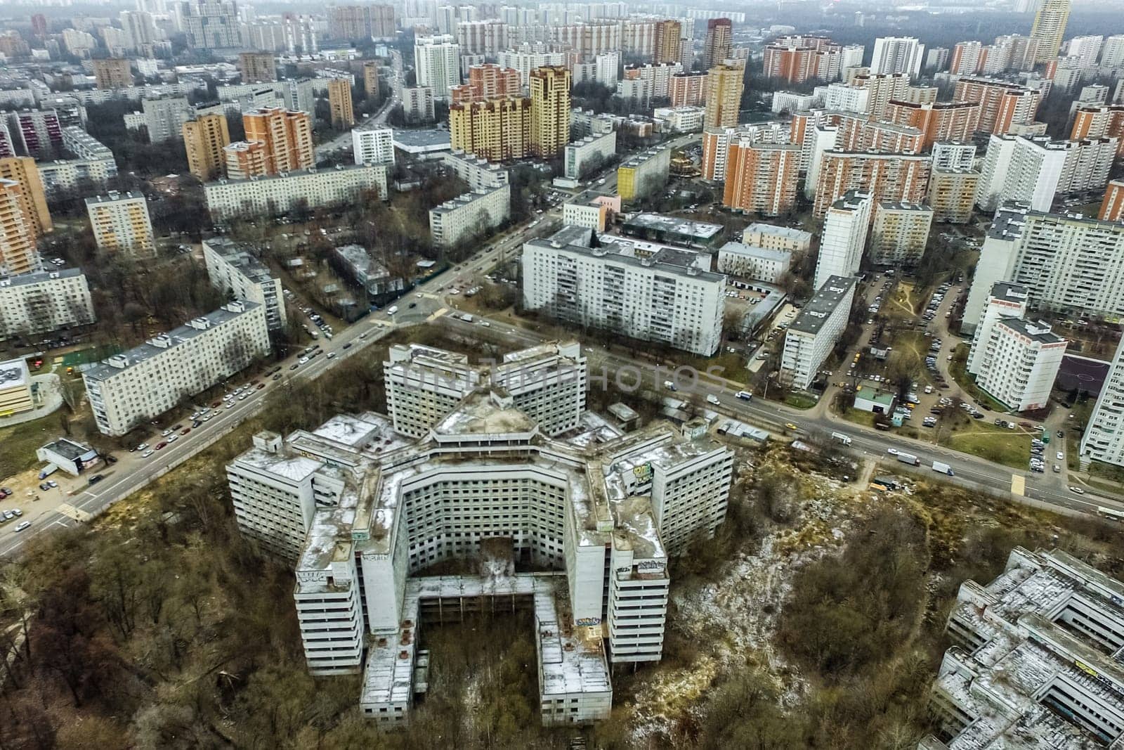 Top view of the city of Moscow, buildings and roads and other infrastructure of the city. Cityscape view from above.