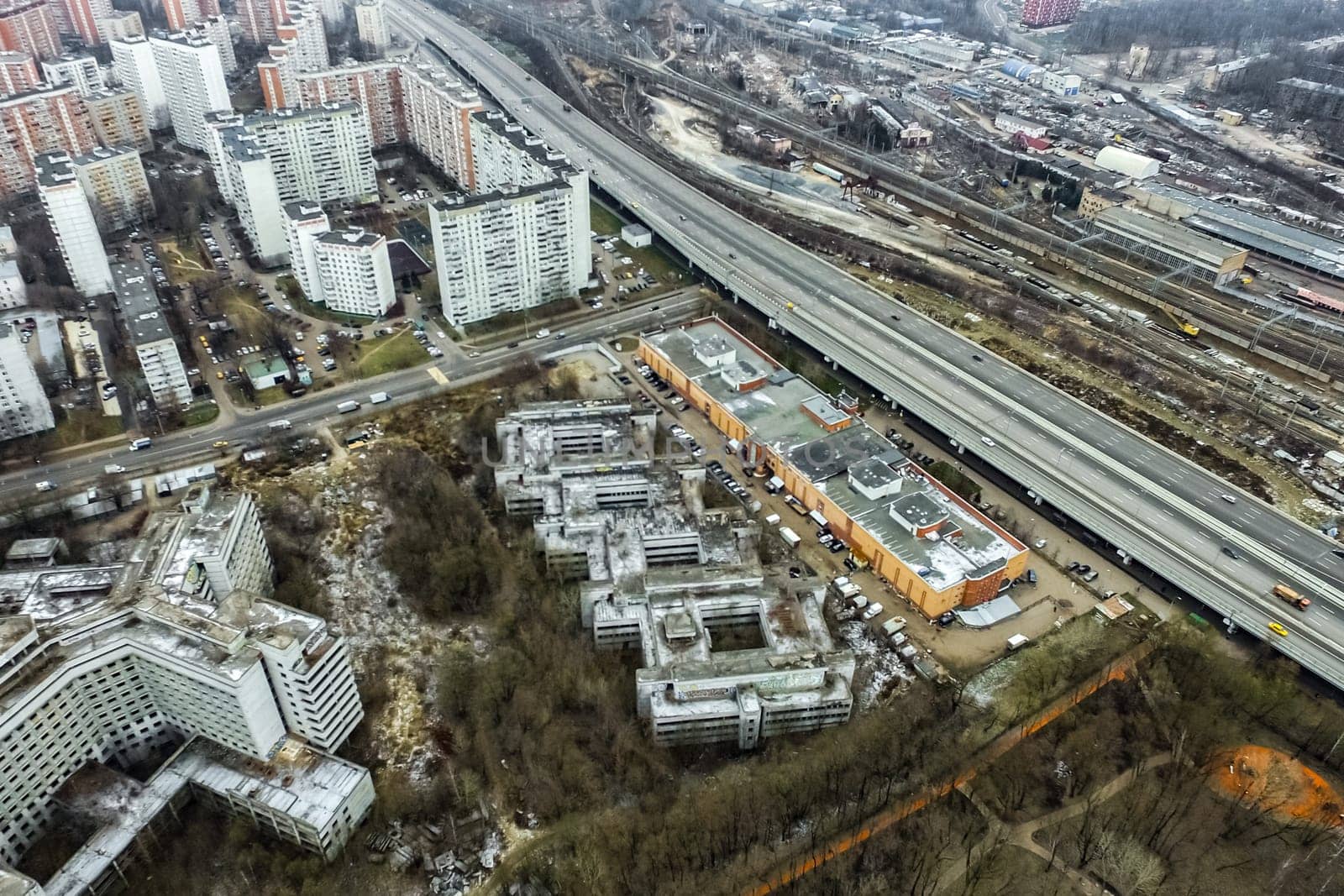 Top view of the city of Moscow, buildings and roads and other infrastructure of the city. Cityscape view from above.