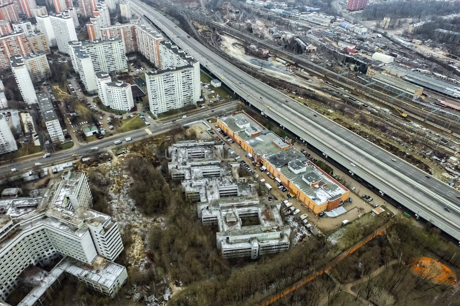 Top view of the city of Moscow, buildings and roads and other infrastructure of the city. Cityscape view from above.