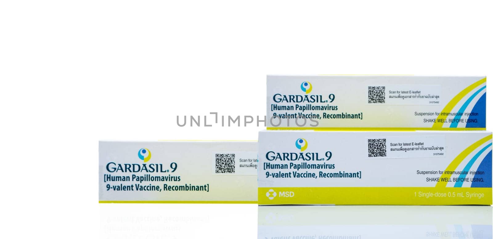 CHONBURI, THAILAND-JUNE 14, 2024: Gardasil 9 HPV vaccine. Prevention of Human Papillomavirus, 9-valent recombinant vaccine in paper box packaging, an MSD product. HPV prevention and sterile packaging.