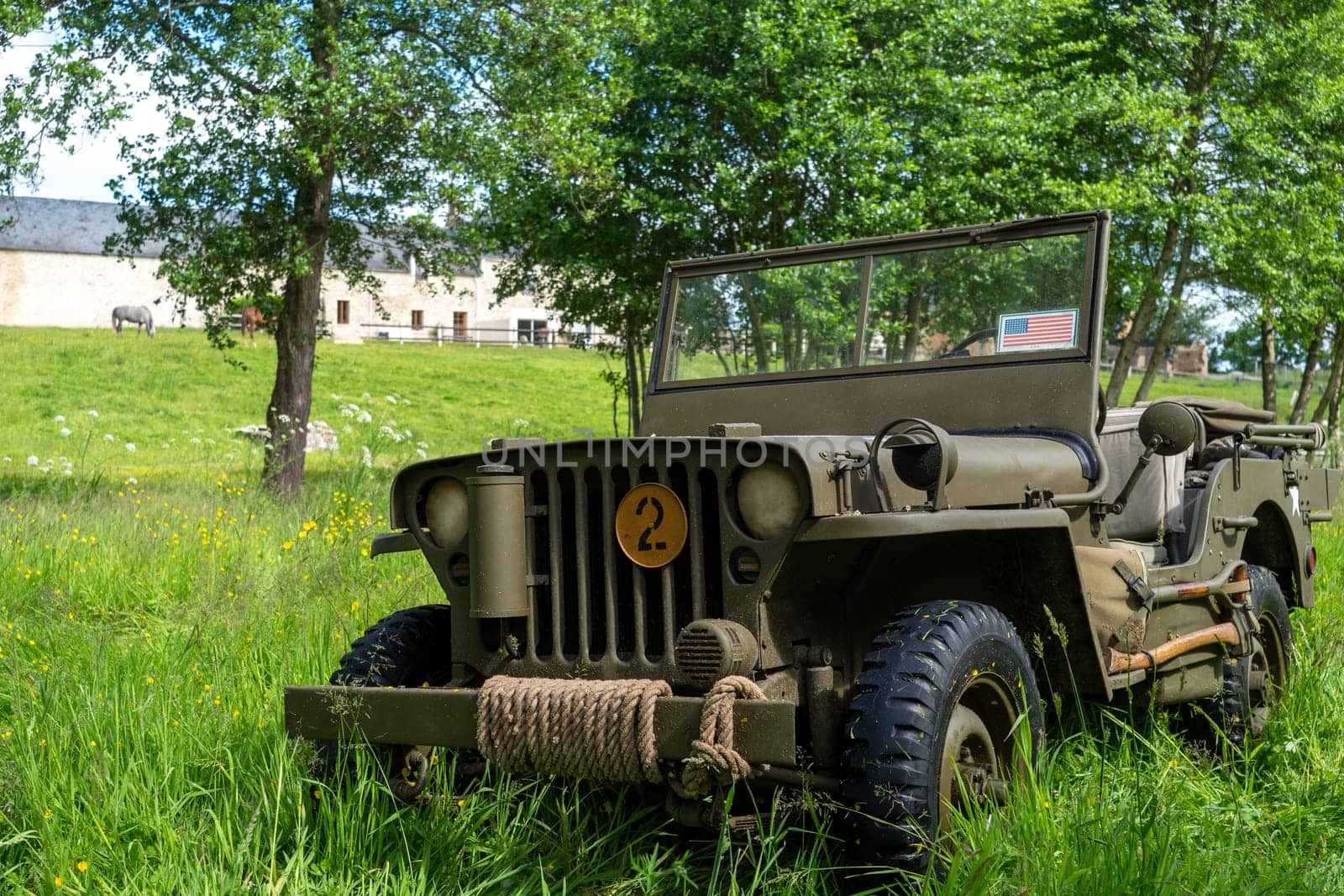 world war two jeep in the Normandy countryside